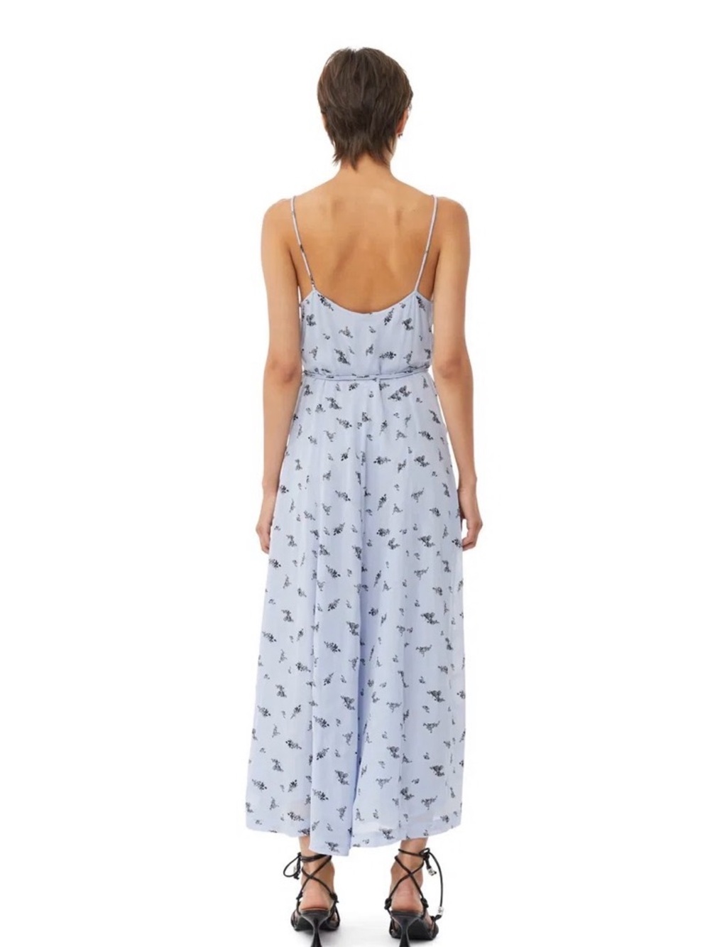 NEW Ganni Light Blue Floral Wrap Spaghetti Strap Midi Dress - Picture 2 of 11